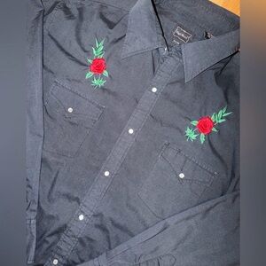 Men's Black Western Shirt with Red Rose Embroidery